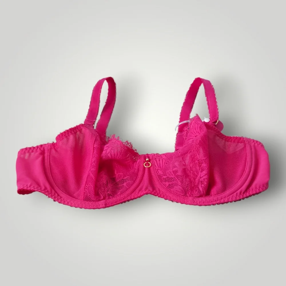 Freya Fascinate Uplift Balconette Bra 38D Hot‎ Pink Fuchsia Floral Eyelash Lace
